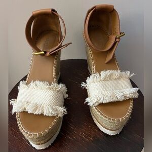 See By Chloe Espadrille Wedge Sandals in Tan and White